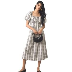 Anthropologie Maeve Puff Sleeve Square Neck Smocked Midi Dress Stripe‎ S NWOT